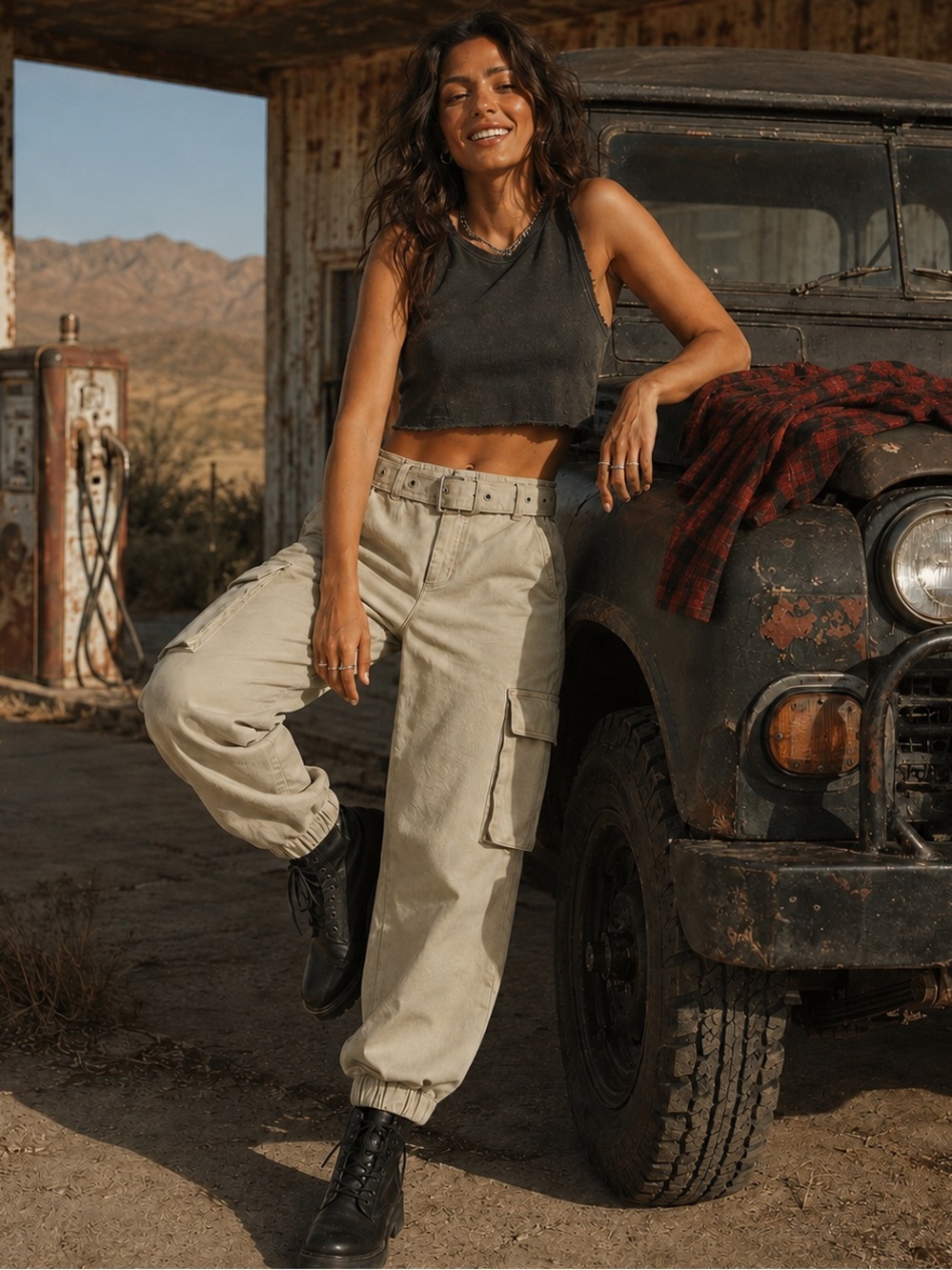 Forever 21 Khaki High Rise Belted Cargo Jogger Pants Utility Y2K 100% Cotton XS - Picture 4 of 9